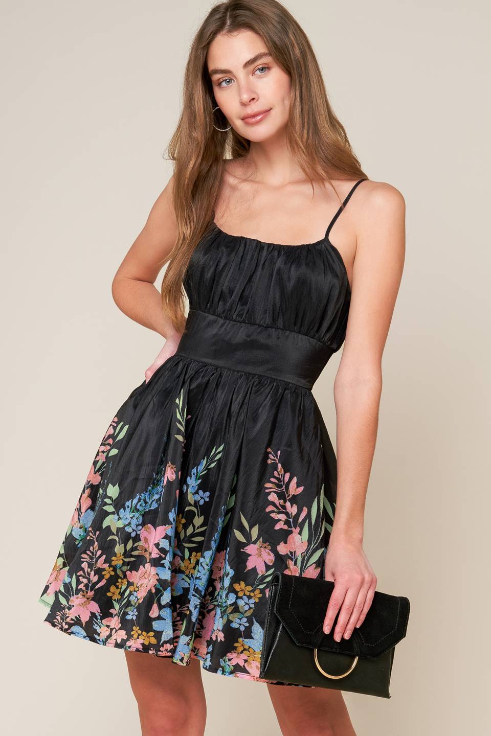 Black floral wedding guest mini dress with thin straps | Lady Black Tie