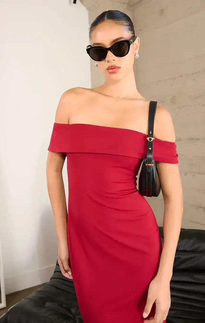 A fab girl wearing Red Maxi Bridesmaid Dress from Lady Black Tie Collection