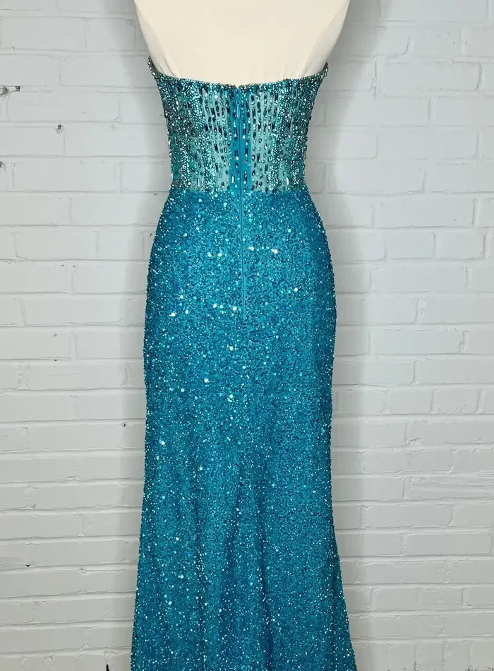 princess polly baby blue dress Poly USA 9266 - Long Rhinestone Sheath Dress