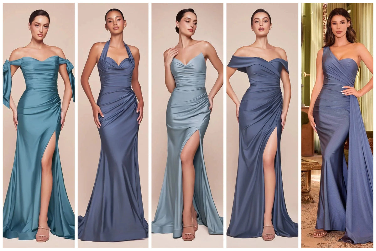 Bridesmaids in the same shade wearing different dress styles | Lady Black Tie