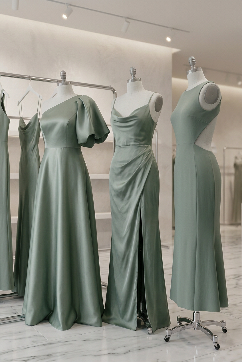 Sage green bridesmaid dresses in the Lady Black Tie boutique