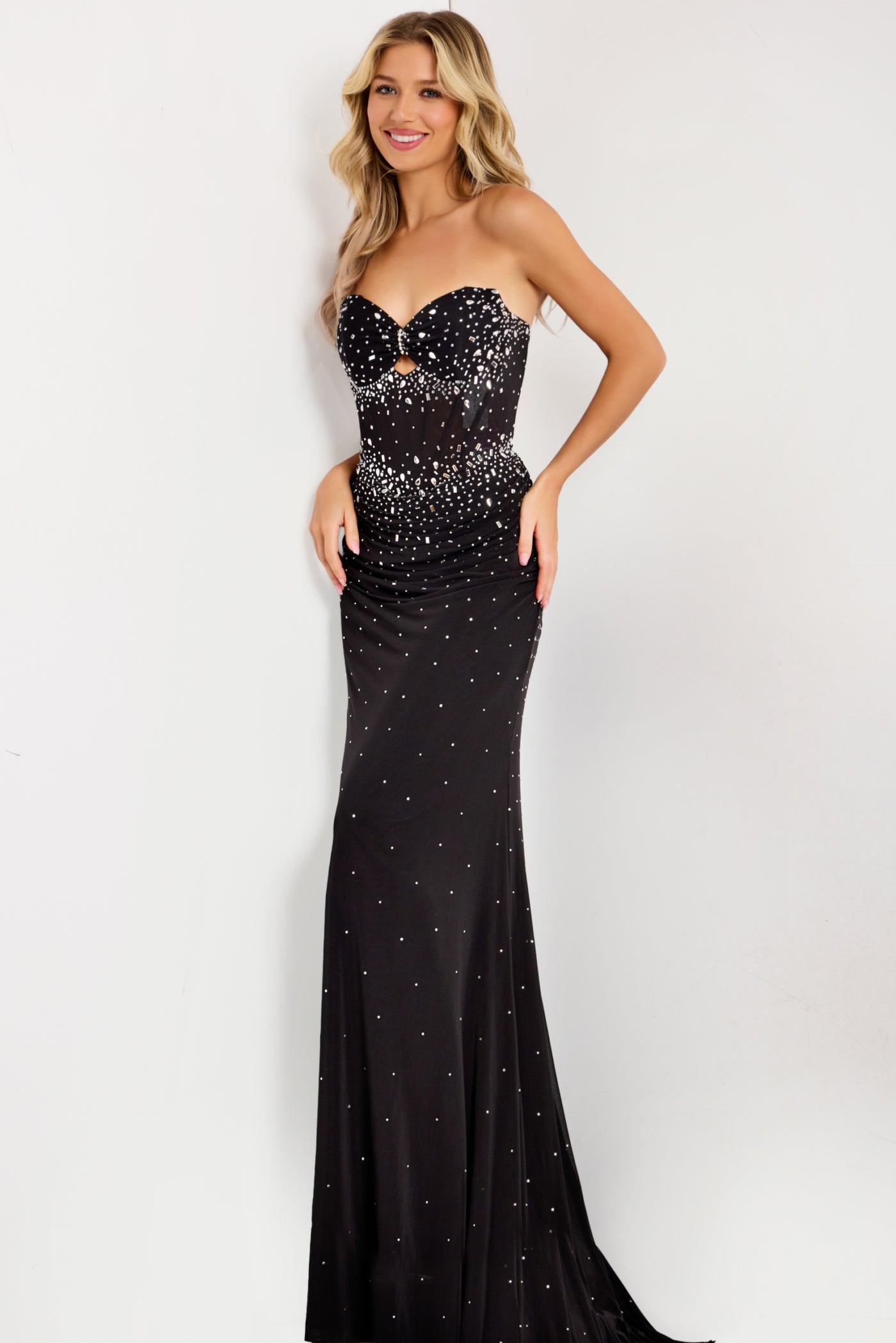48372 - Jovani - Black Strapless Rhinestone Embellished Fitted Gown
