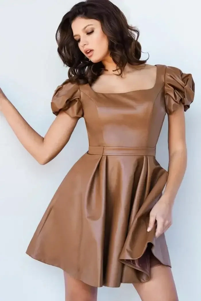 Size 4, 09690 - Jovani - Caramel Pleather Fit & Flare Short Dress - FINAL SALE