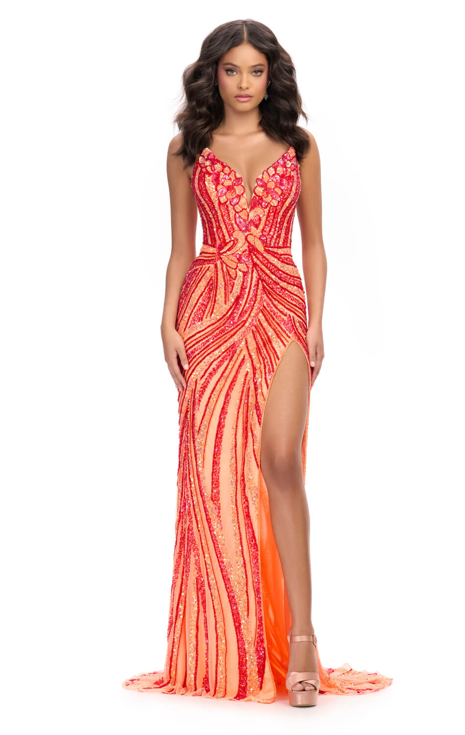 ASHLEYlauren 11236 - Red/Coral Floral Beaded Gown