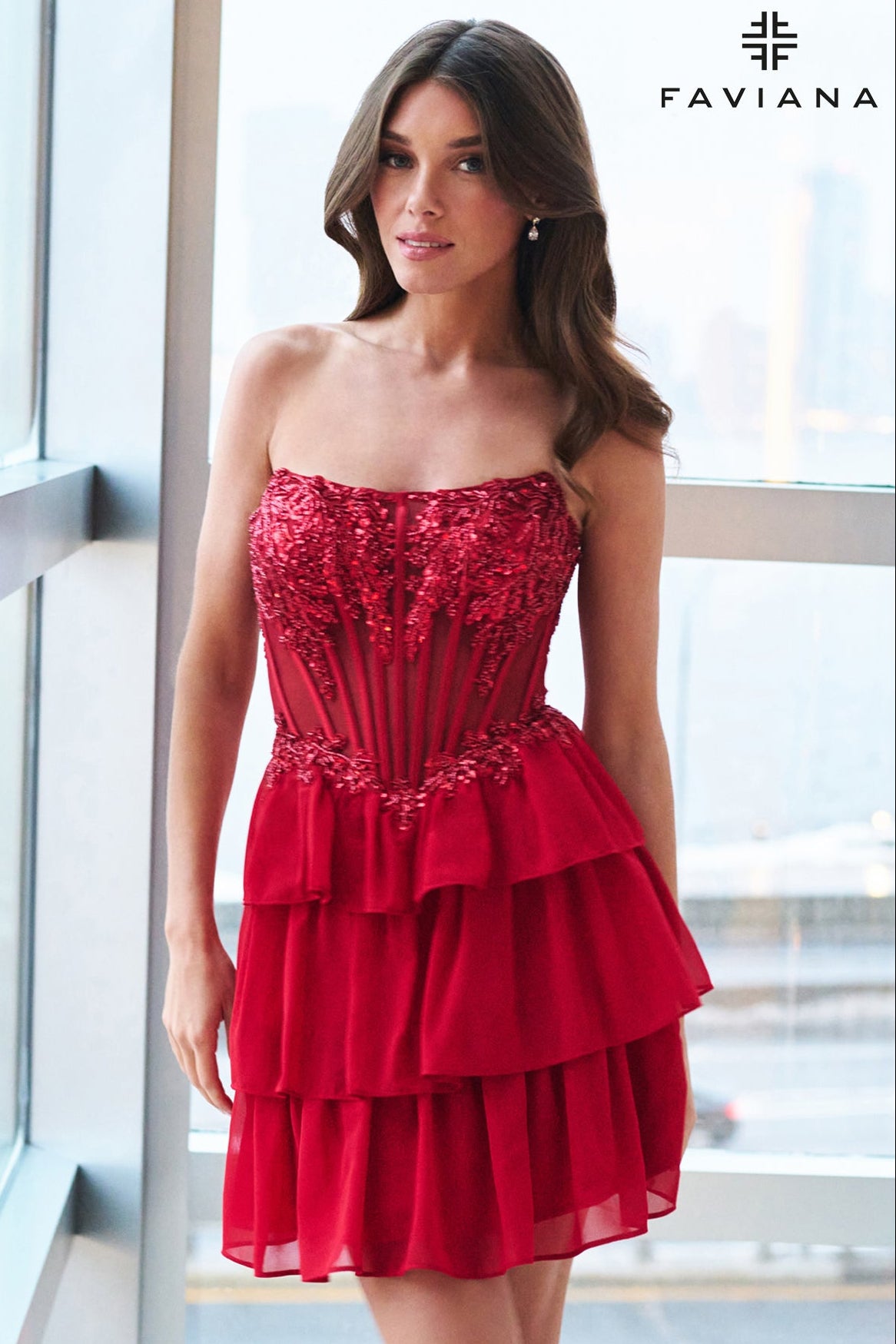 11500 - Faviana - Beaded Corset Chiffon Mini Dress