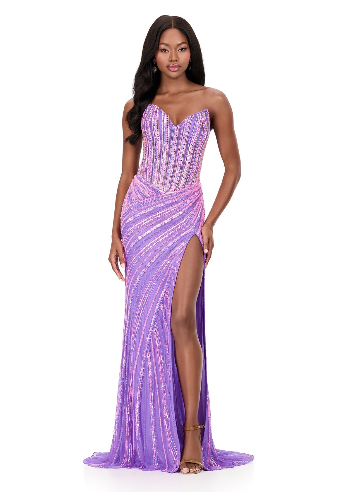 Ashley Lauren 12150 - Fully Beaded Gown with Slit and Train