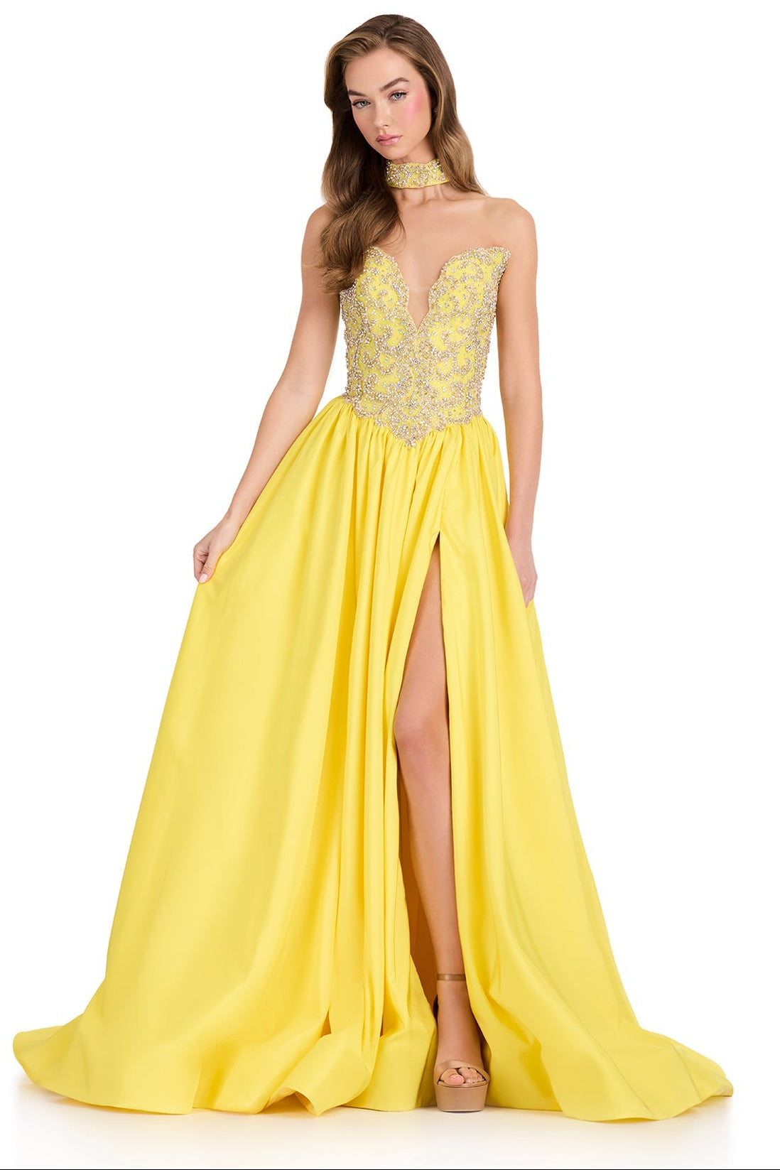 Yellow ASHLEYlauren 12425 Plunging Sweetheart Ball Gown | Lady Black Tie