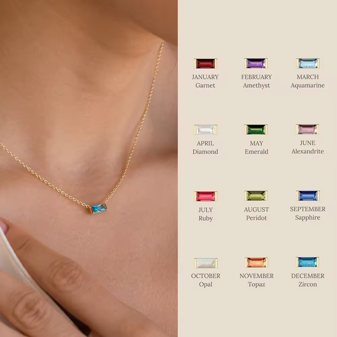 A gold necklace with a prominent blue gemstone rests on a person's neck, complemented by a chart of birthstones arranged by month and accompanied by their names.