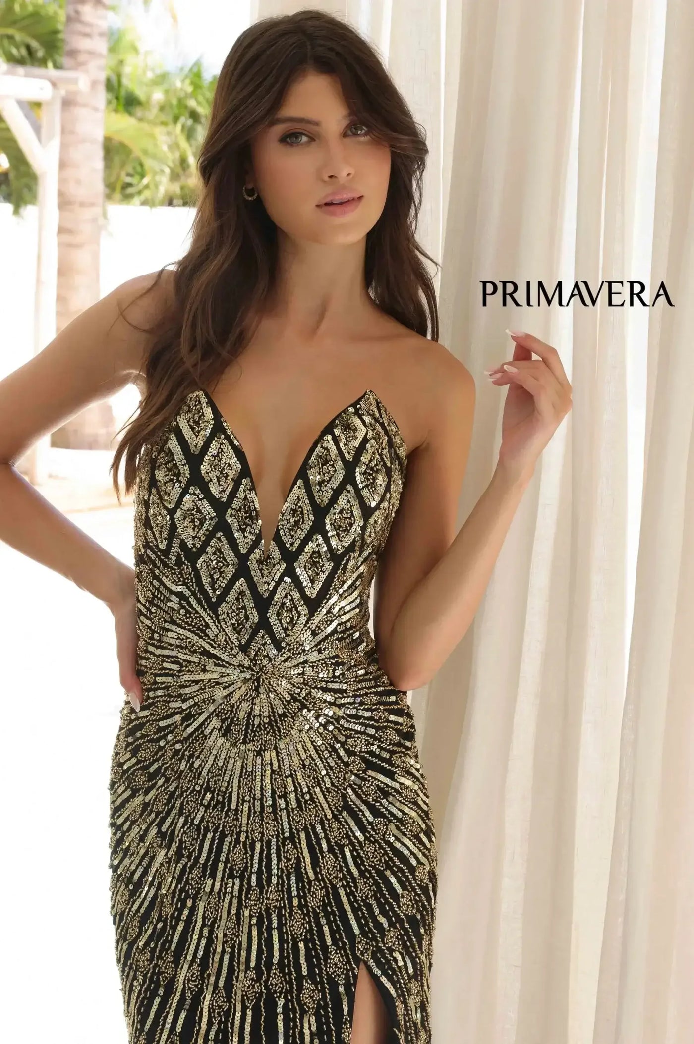4301 - Primavera - Strapless Beaded Gown With V-Neckline