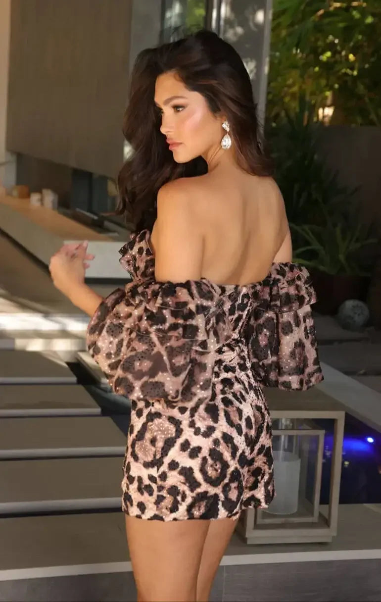 26392 - AVA PRESLEY - OFF SHOULDER LEOPARD PRINT COCKTAIL ROMPER