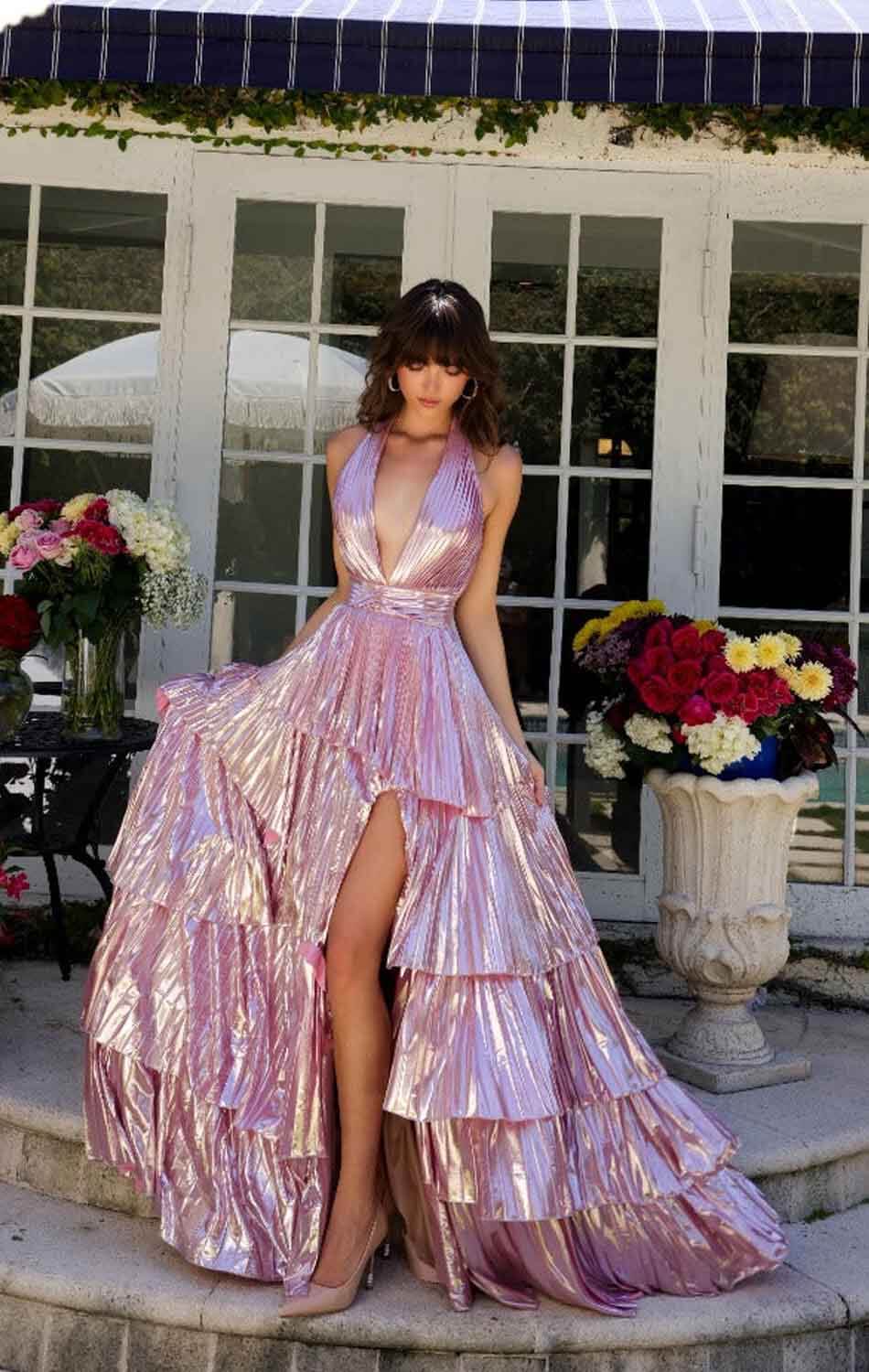 29220 - Ava Presley - Metallic Ruffle Halter Dress