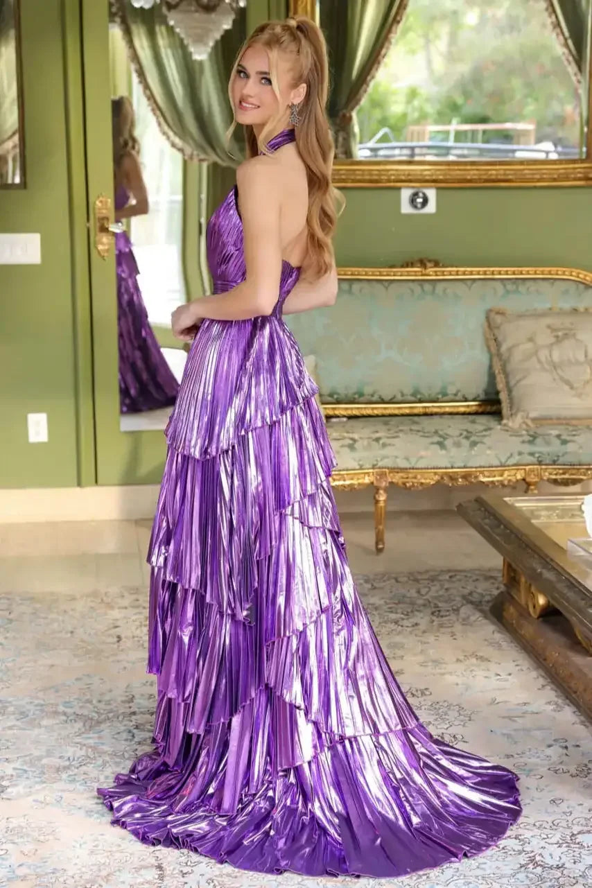 29220 - Ava Presley - Metallic Ruffle Halter Dress