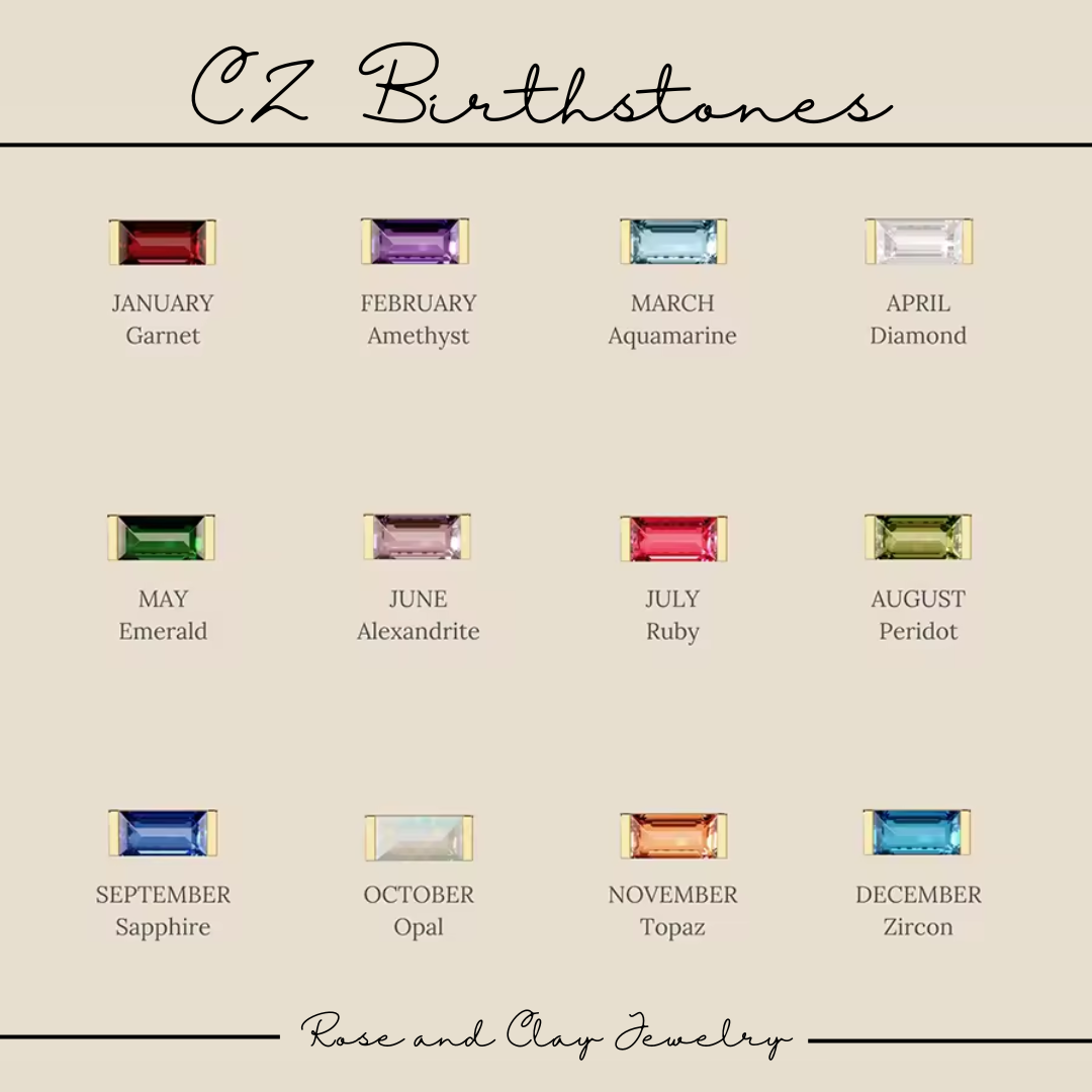 A chart displays twelve rectangular gemstones, each labeled with a month and corresponding stone name, set against a light background, showcasing "CZ Birthstones" from "Rose and Clay Jewelry."