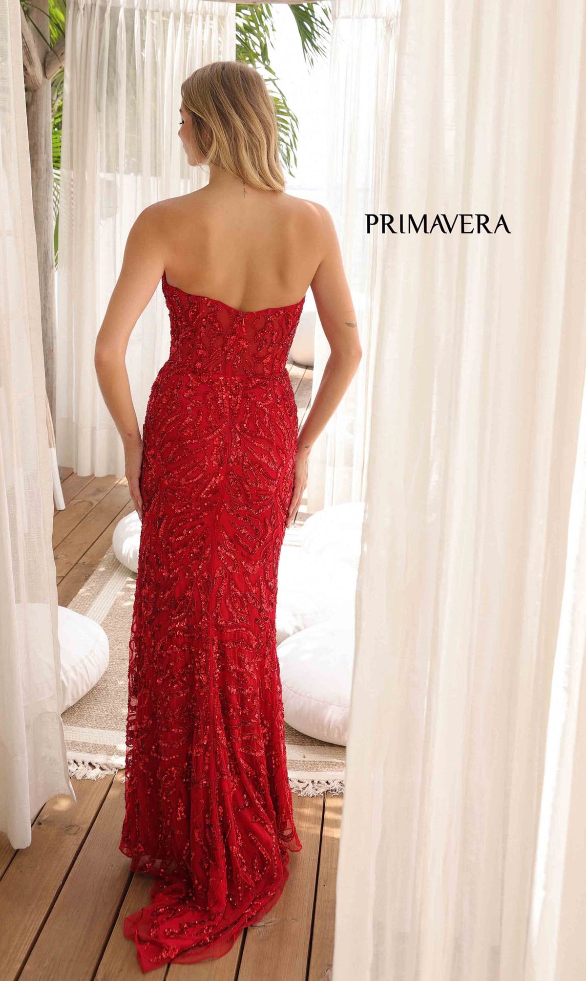 4360 Primavera - Strapless Sequin Beaded Gown in Red