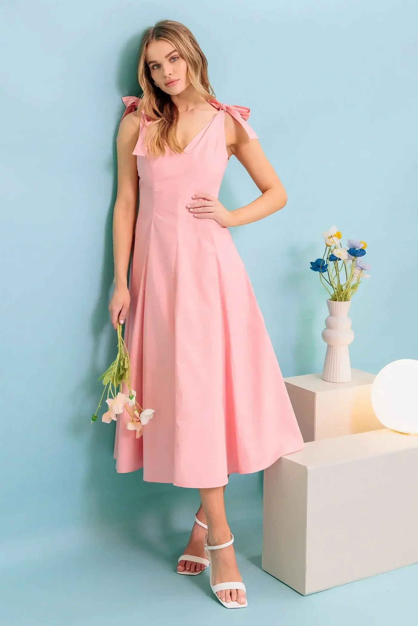 SWEET NOTHINGS SHOULDER BOW MIDI DRESS - PEACH