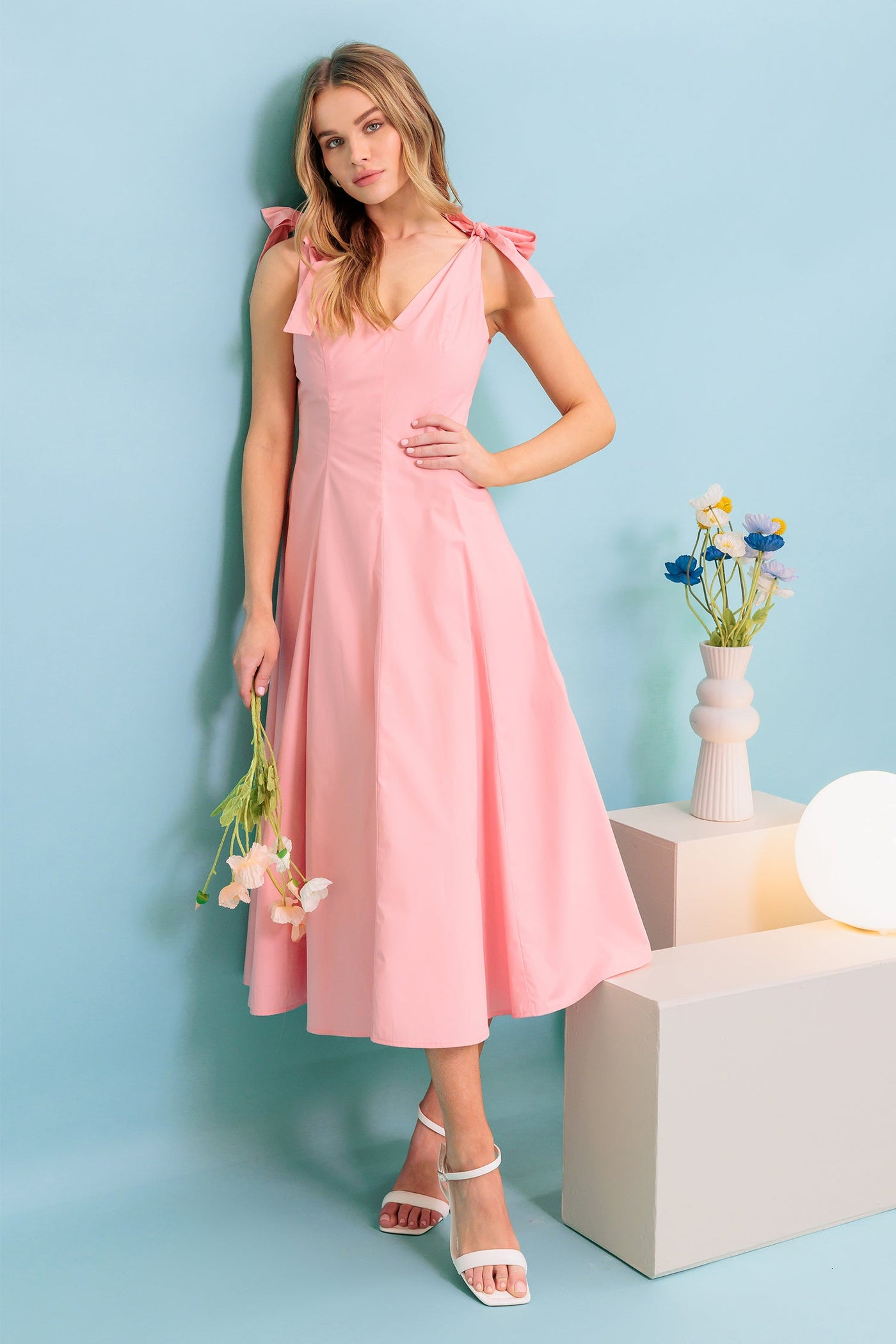 SWEET NOTHINGS SHOULDER BOW MIDI DRESS - PEACH