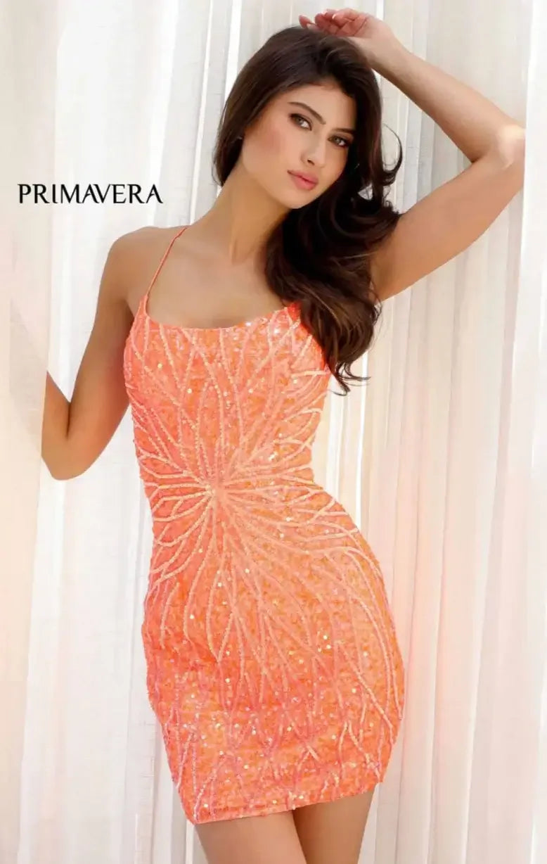 4001 - Primavera - Scoop Neck Beaded Short Dress with Lace-Up Open Back