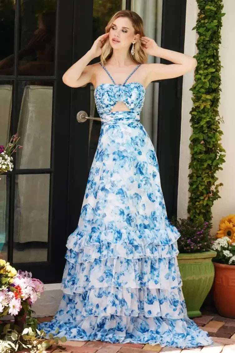 40026 - Ava Presley - Chiffon Floral Print Dress with Cut-out