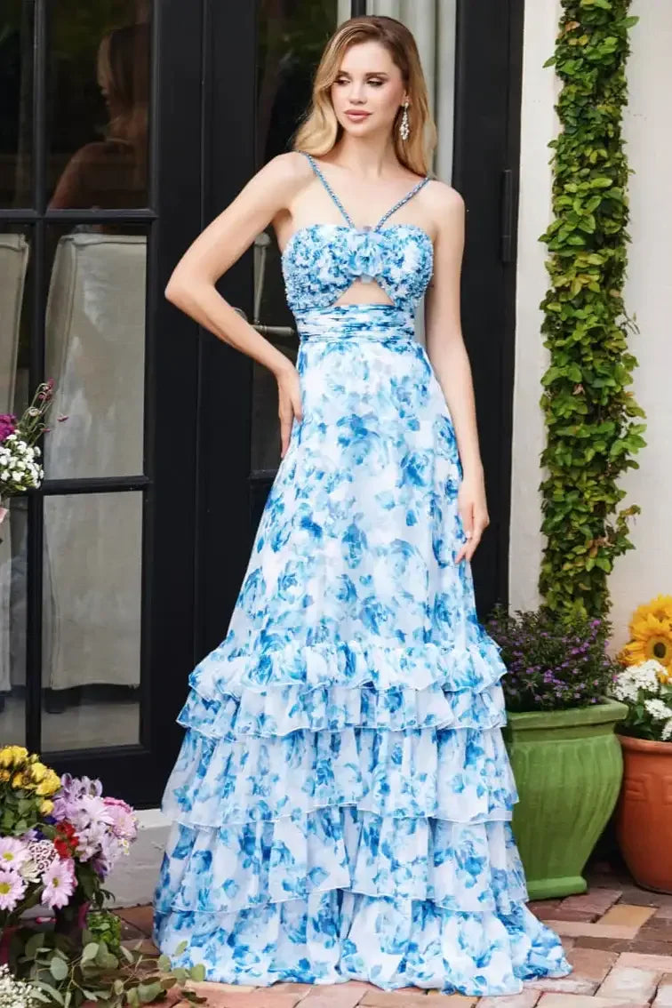 40026 - Ava Presley - Chiffon Floral Print Dress with Cut-out