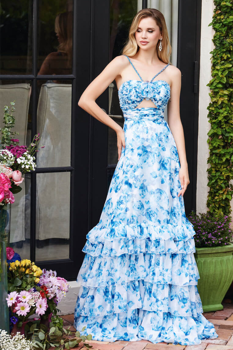 40026 - Ava Presley - Chiffon Floral Print Dress with Cut-out