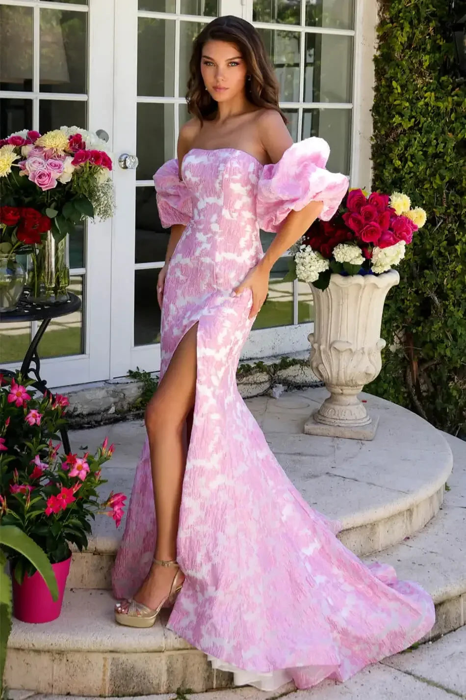 40033 - Ava Presley - Off-the-Shoulder Fitted Brocade Dress