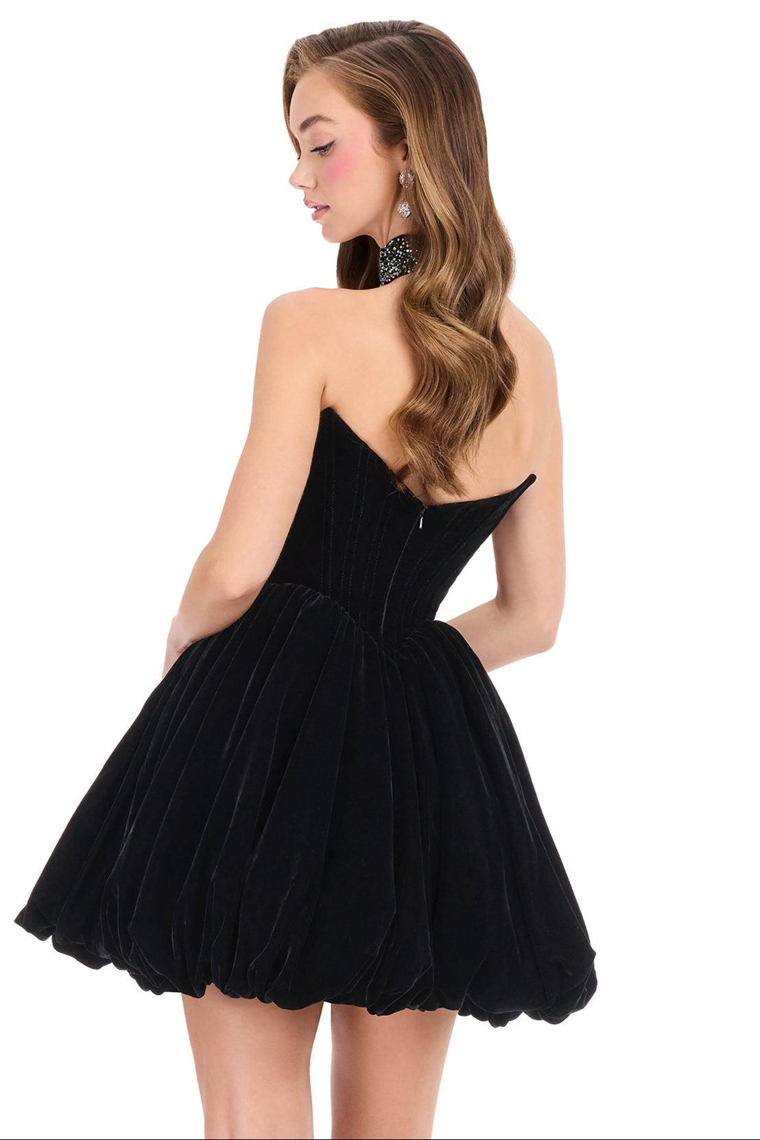 ASHLEYlauren 40033 Black Strapless Velvet Mini Dress with Choker | Lady Black Tie