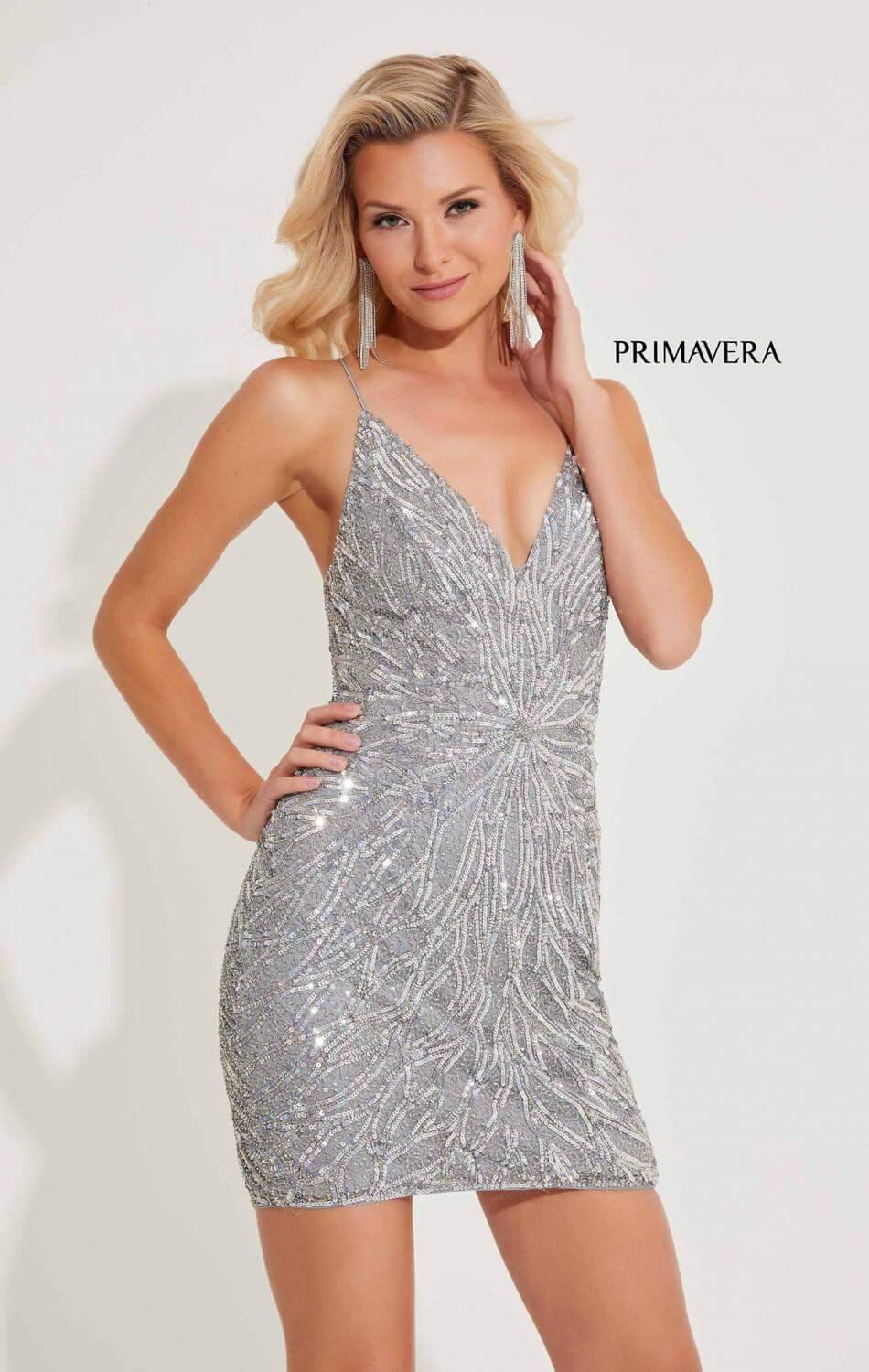 4011 - Primavera - Beaded Short Dress with Plunging V-Neck & Open Lace Back