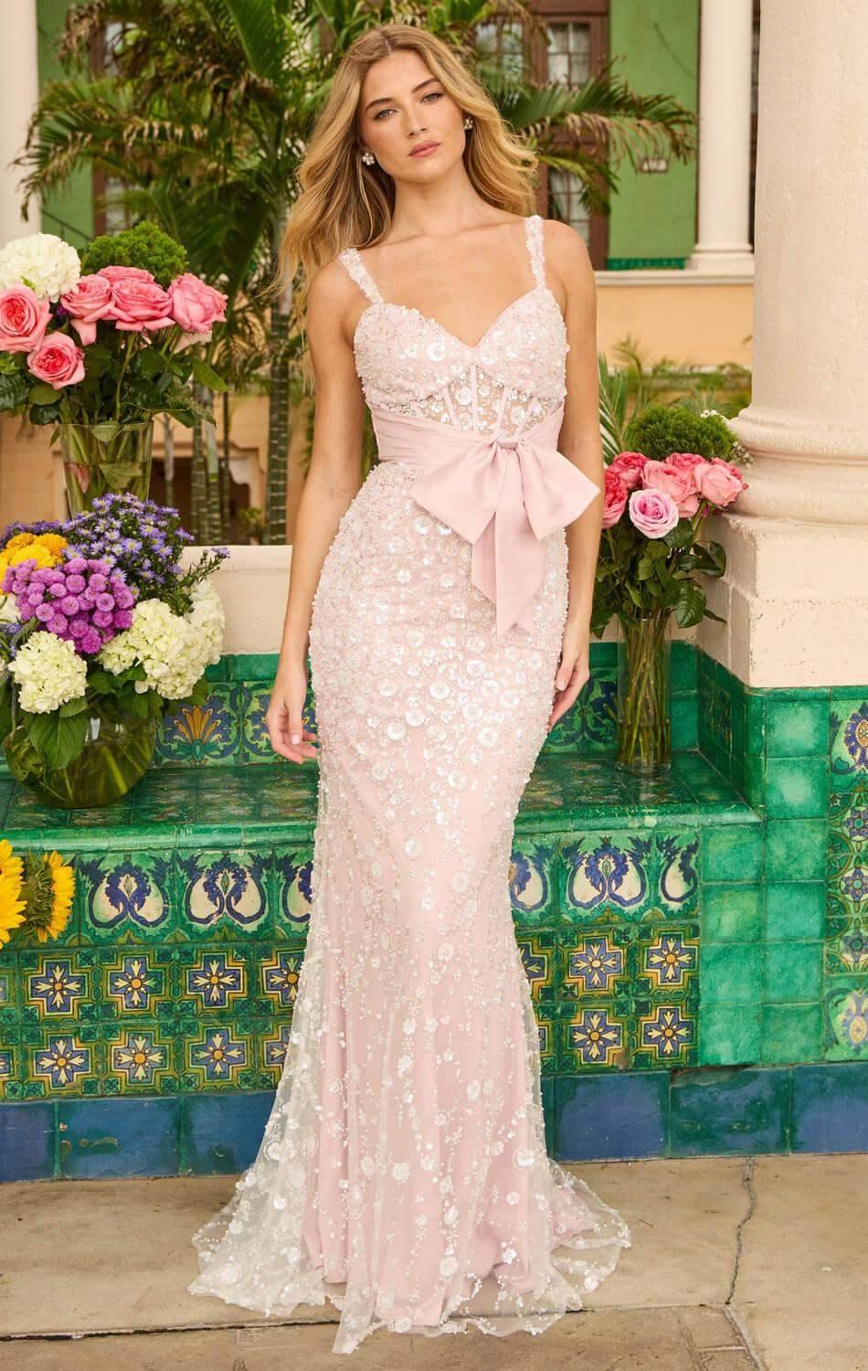 42218 - Ava Presley - Fitted Floral Gown With Bow