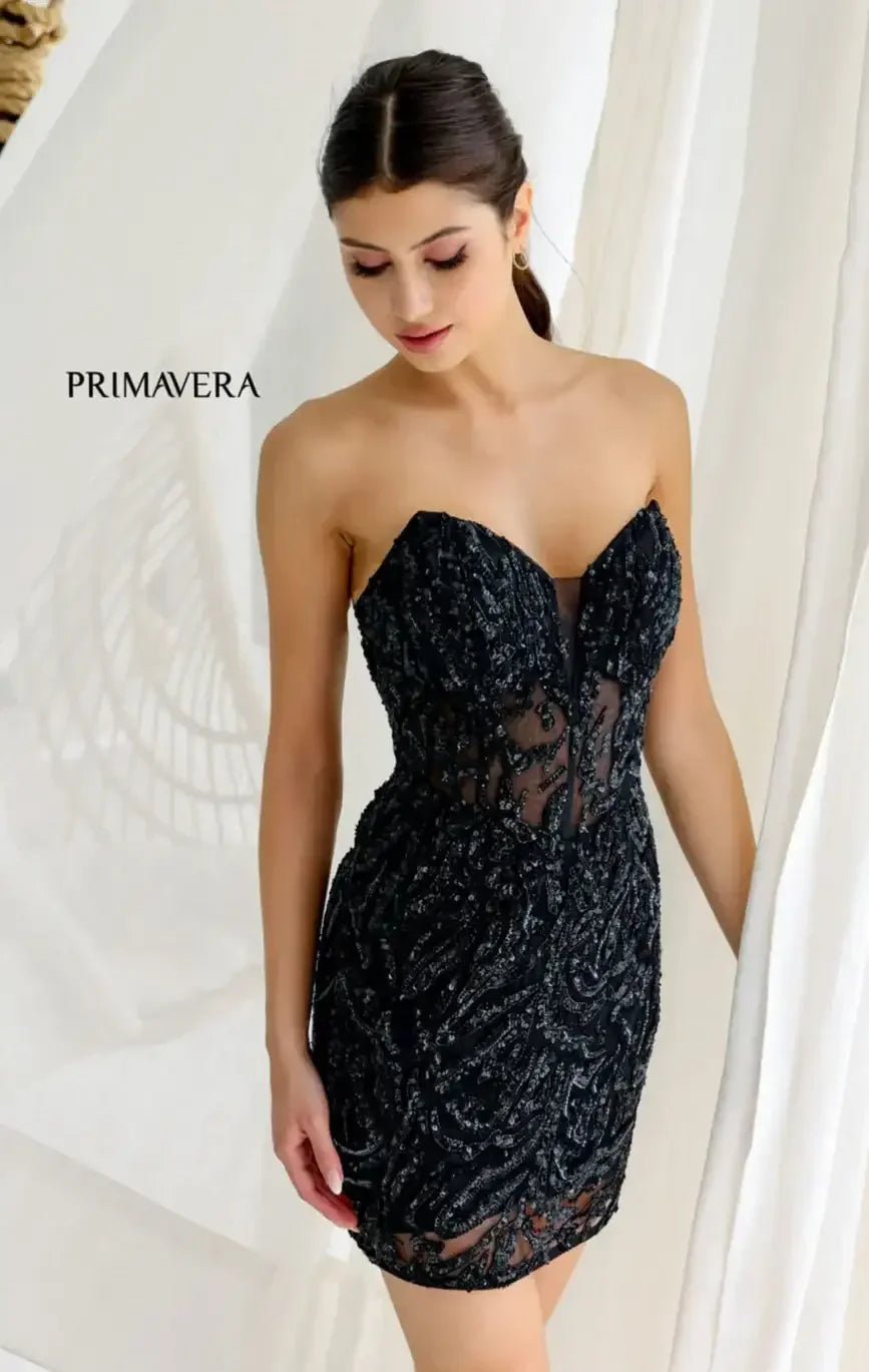 4222 - Primavera - Strapless Sequin Cocktail Dress with Illusion Bodice