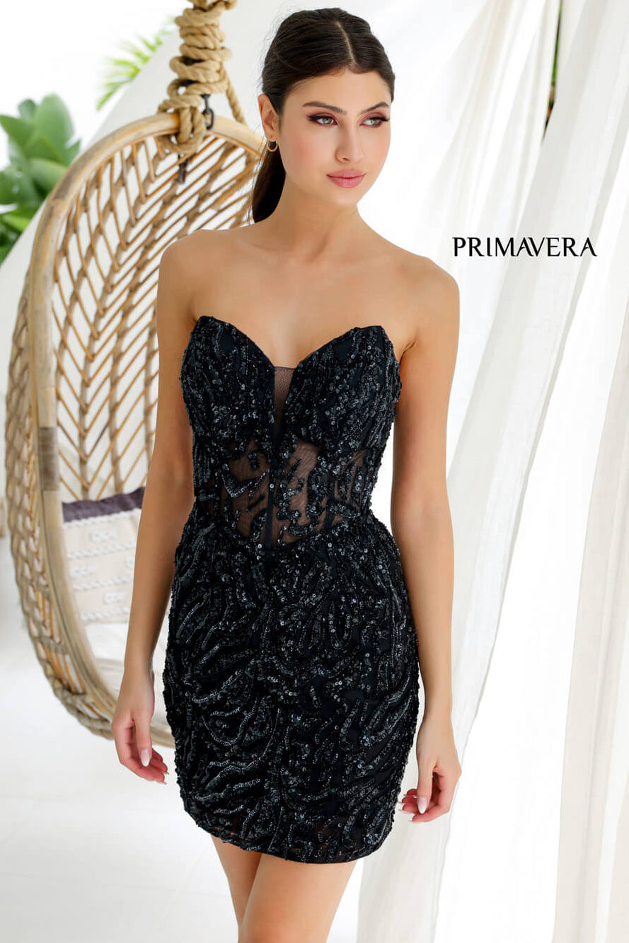 4222 - Primavera - Strapless Sequin Cocktail Dress with Illusion Bodice