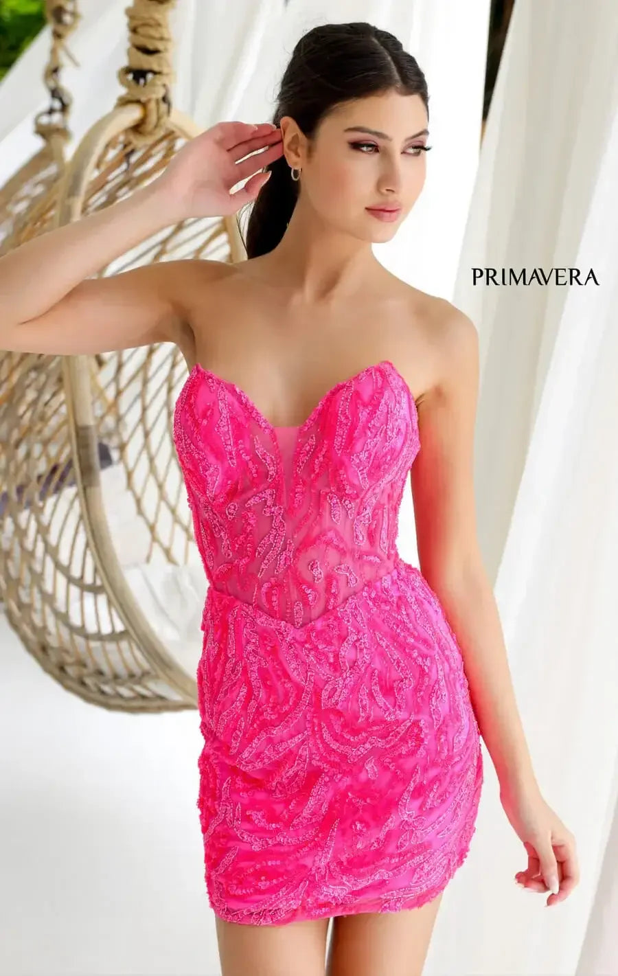 4222 - Primavera - Strapless Sequin Cocktail Dress with Illusion Bodice