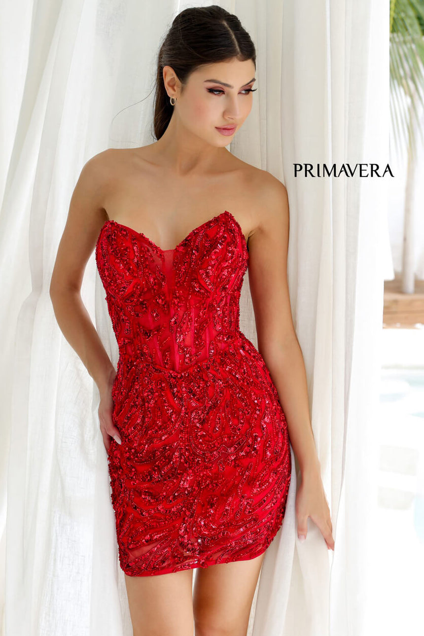 4222 - Primavera - Strapless Sequin Cocktail Dress with Illusion Bodice