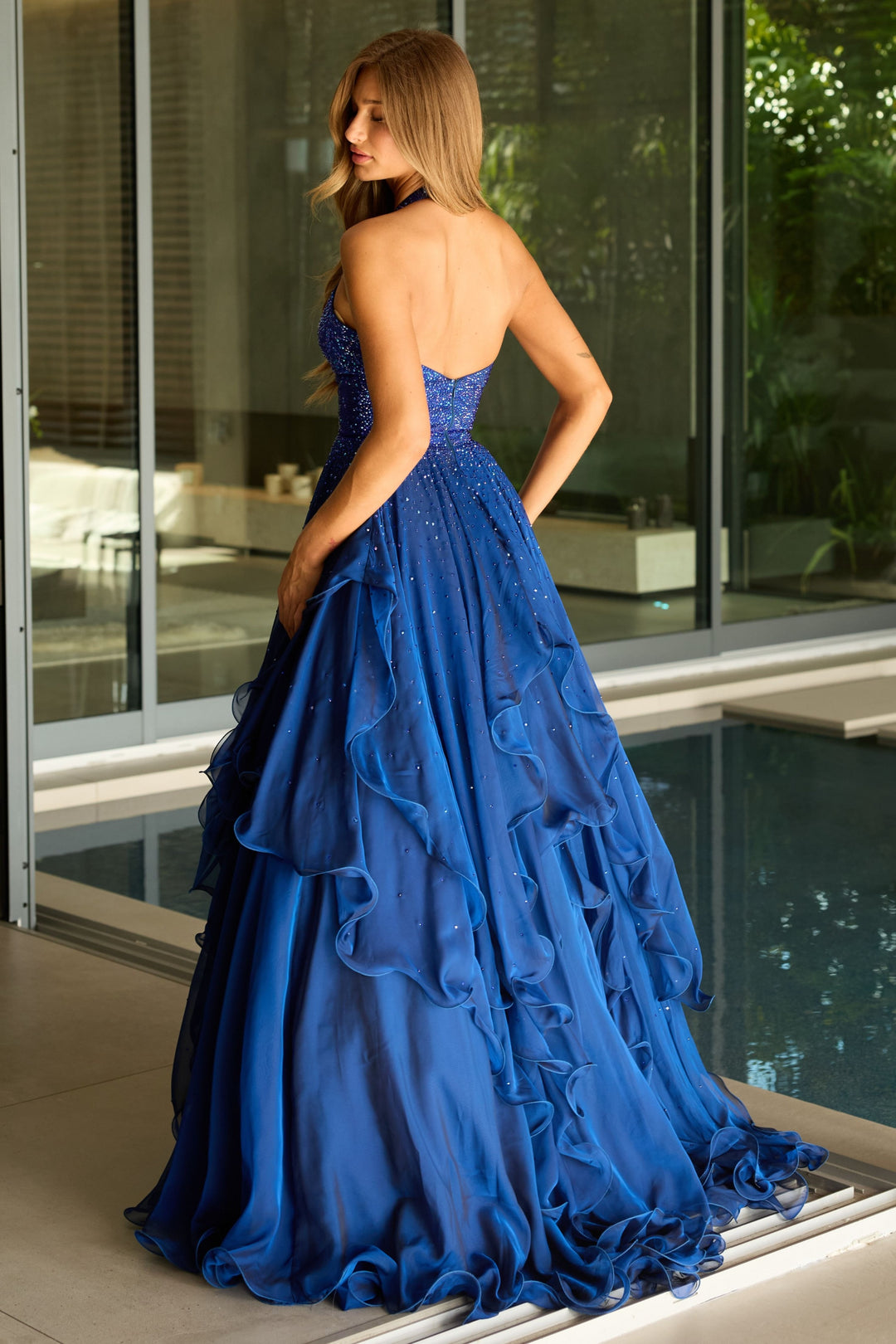 42238 - Ava Presley - Halter Ball Gown With Ruffled Skirt