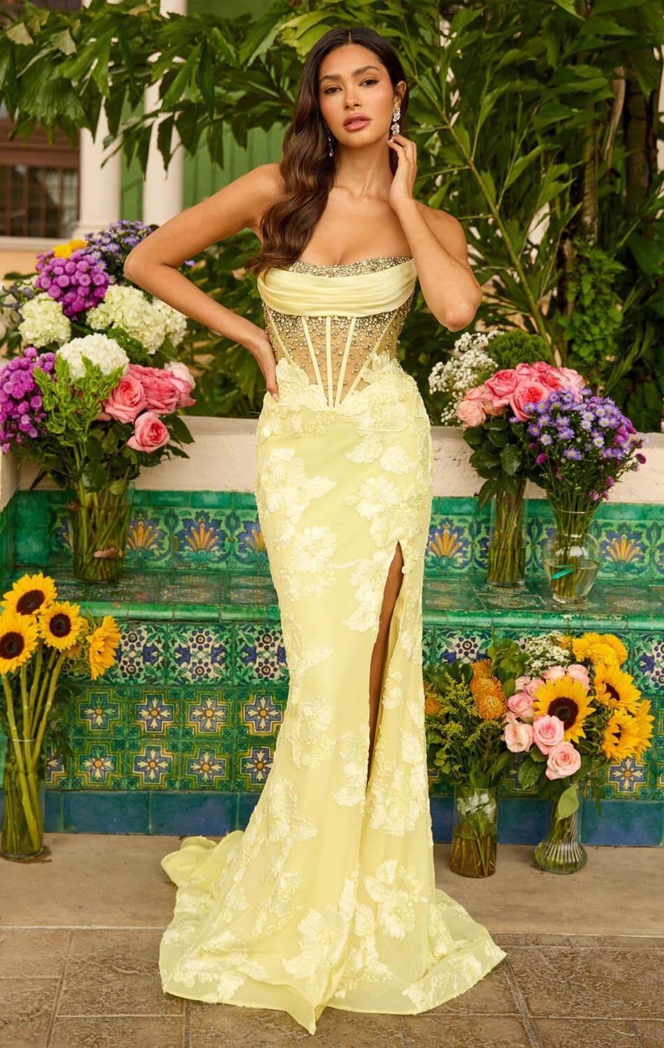 42297 - Ava Presley - Yellow Floral Lace Mermaid Gown