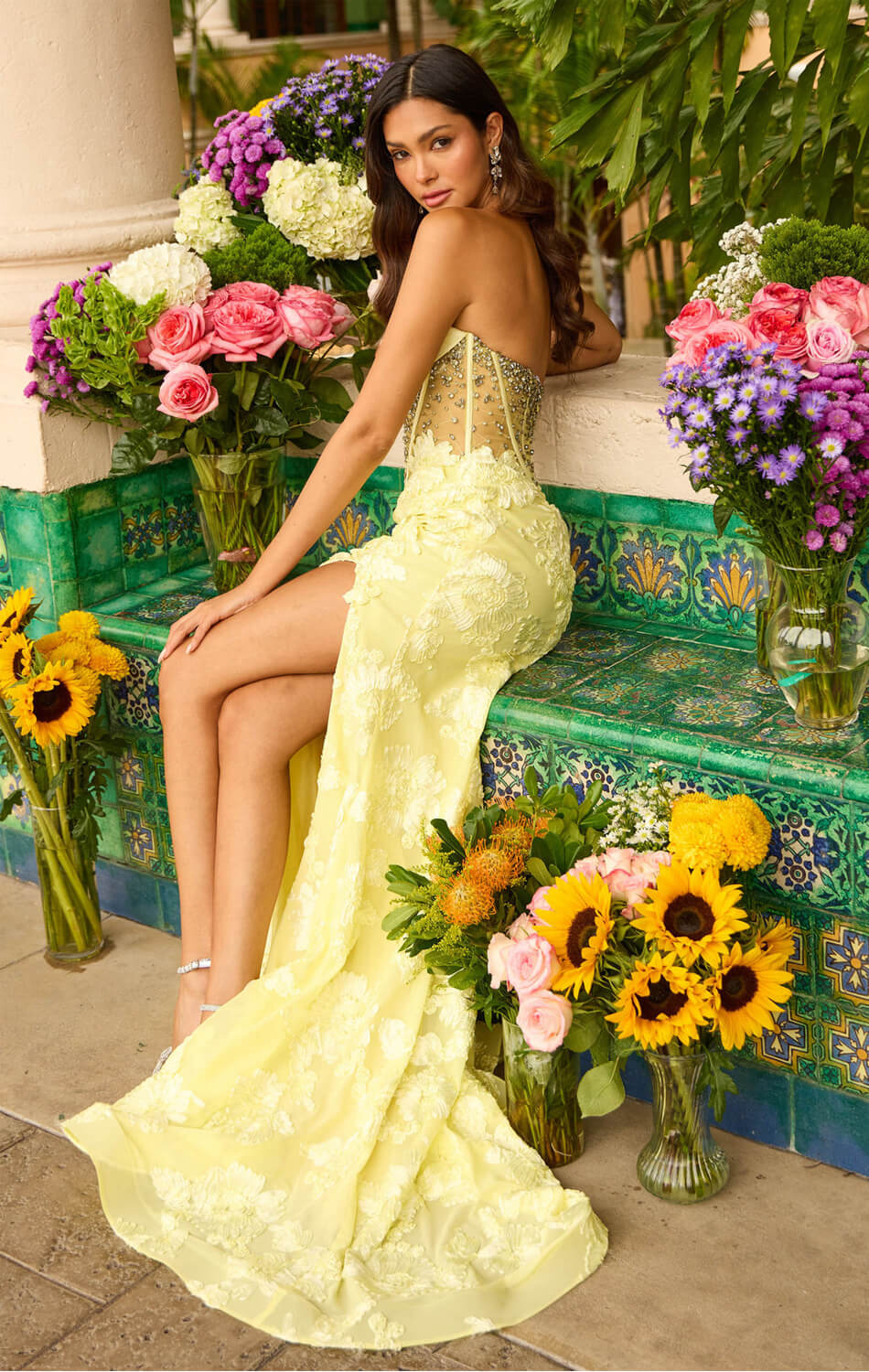 42297 - Ava Presley - Yellow Floral Lace Mermaid Gown