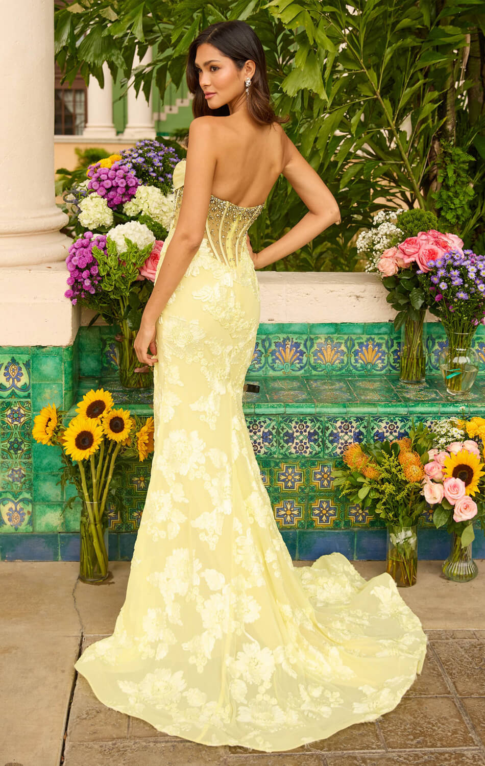42297 - Ava Presley - Yellow Floral Lace Mermaid Gown