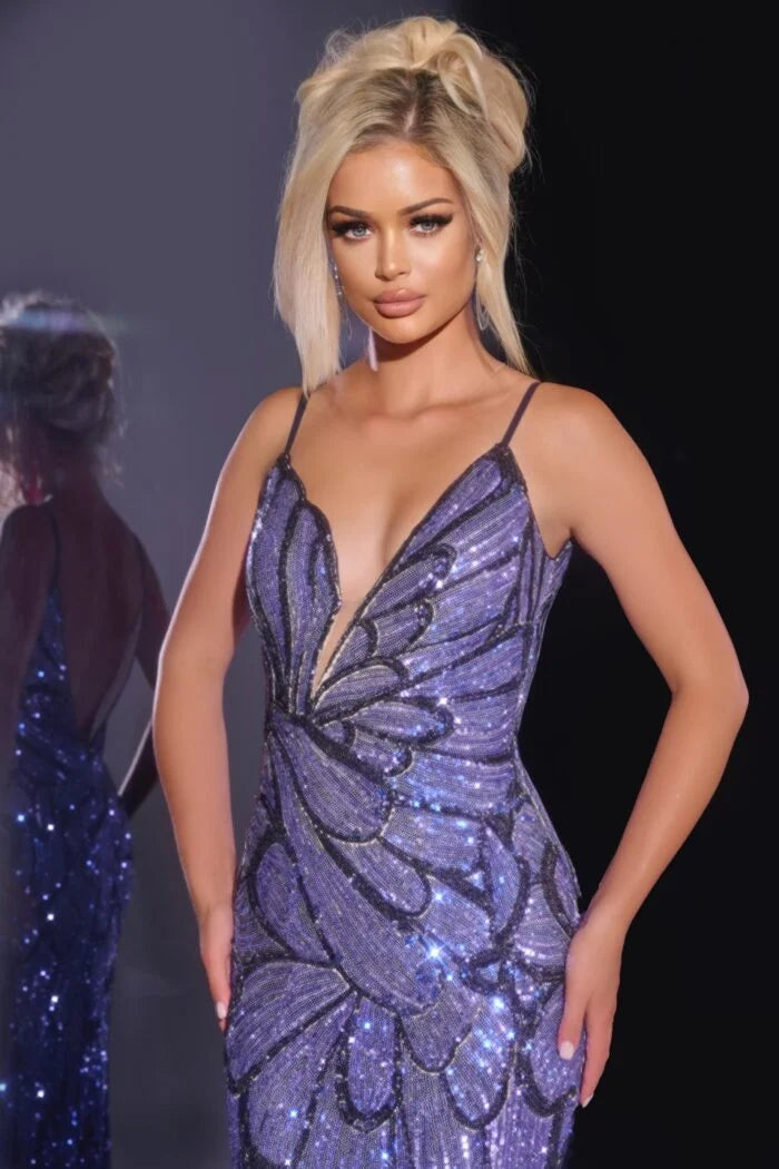 42600 - Jovani - Royal Blue Sequin Plunging V-Neck Gown with Intricate Beading