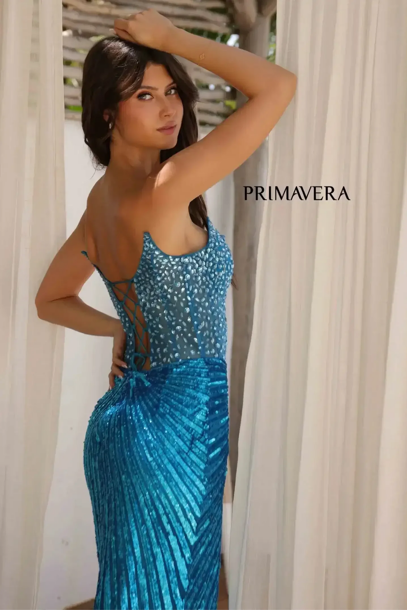 4304 – Primavera - Strapless Beaded Gown with Slit & Lace-Up Back