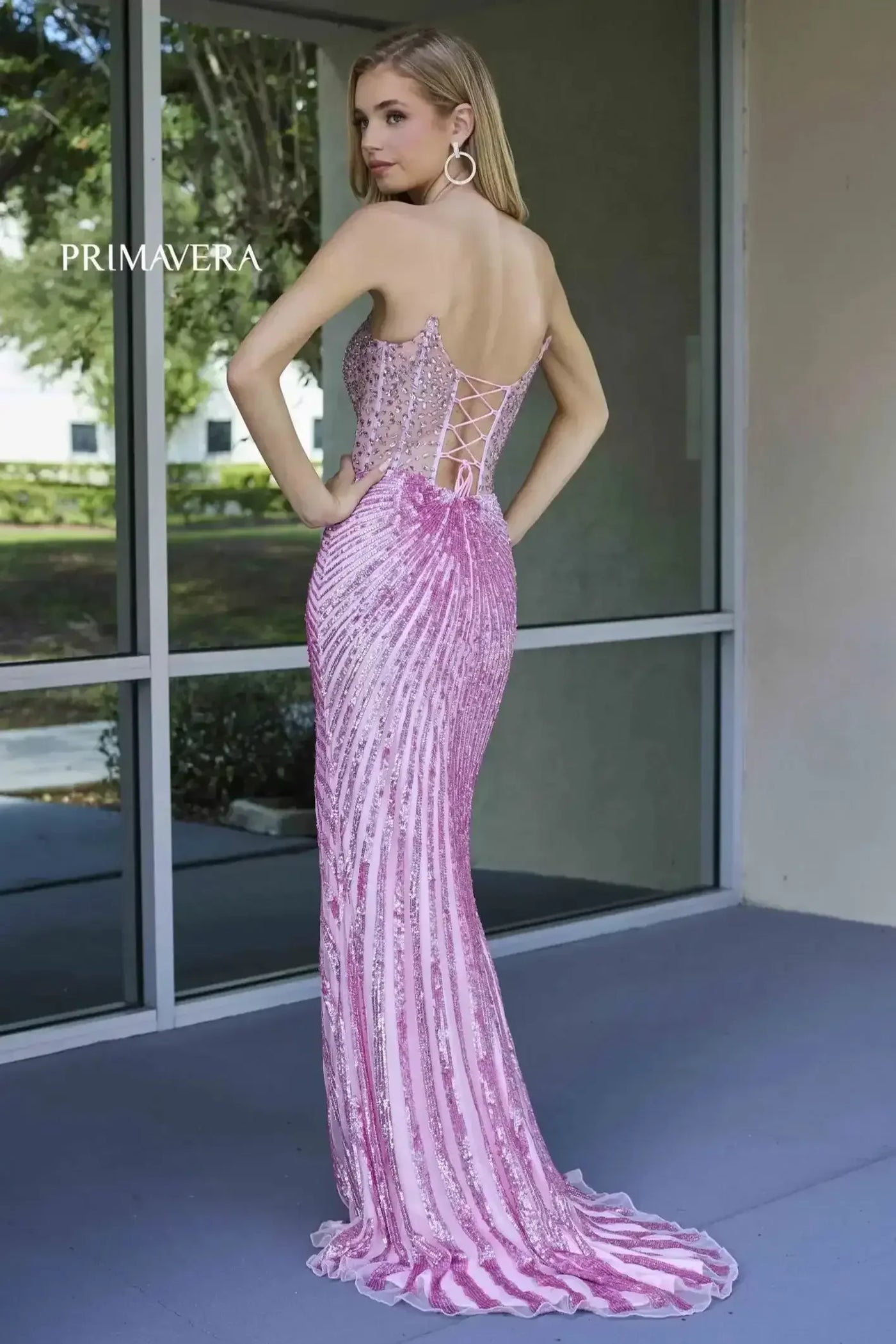 4304 – Primavera - Strapless Beaded Gown with Slit & Lace-Up Back