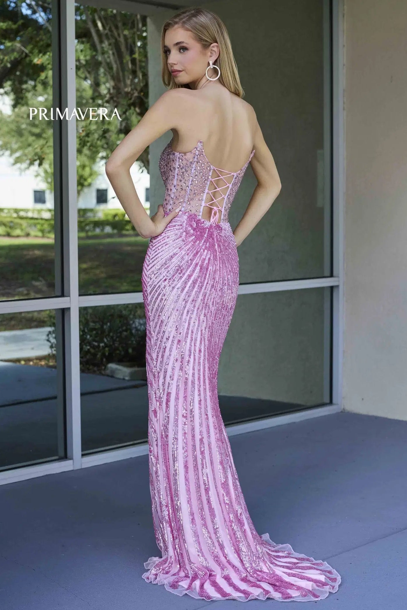 4304 – Primavera - Strapless Beaded Gown with Slit & Lace-Up Back