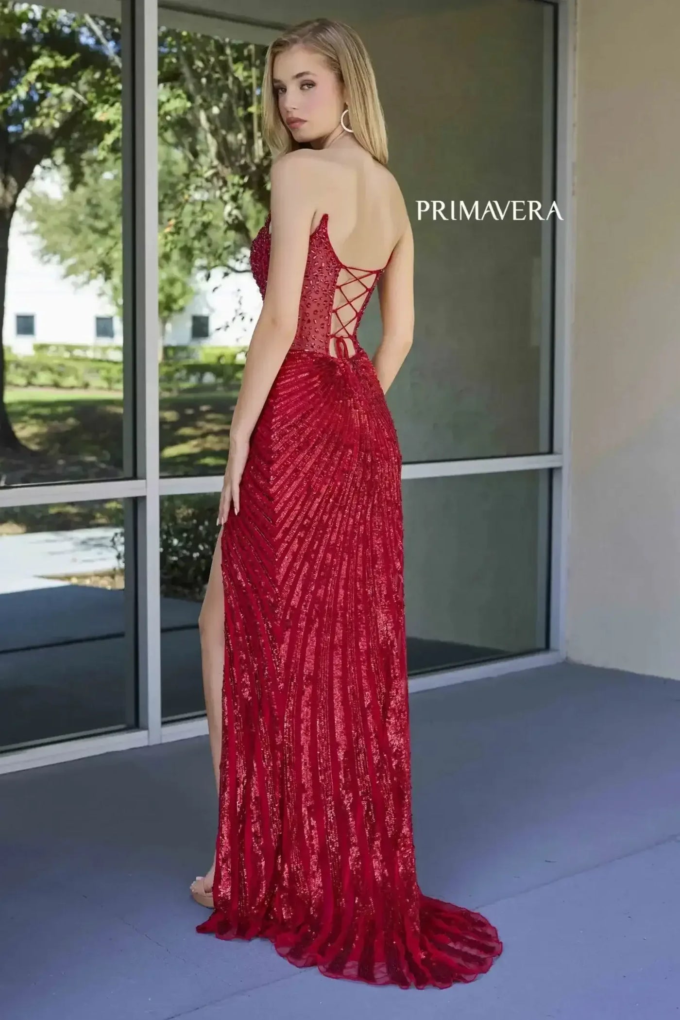 4304 – Primavera - Strapless Beaded Gown with Slit & Lace-Up Back
