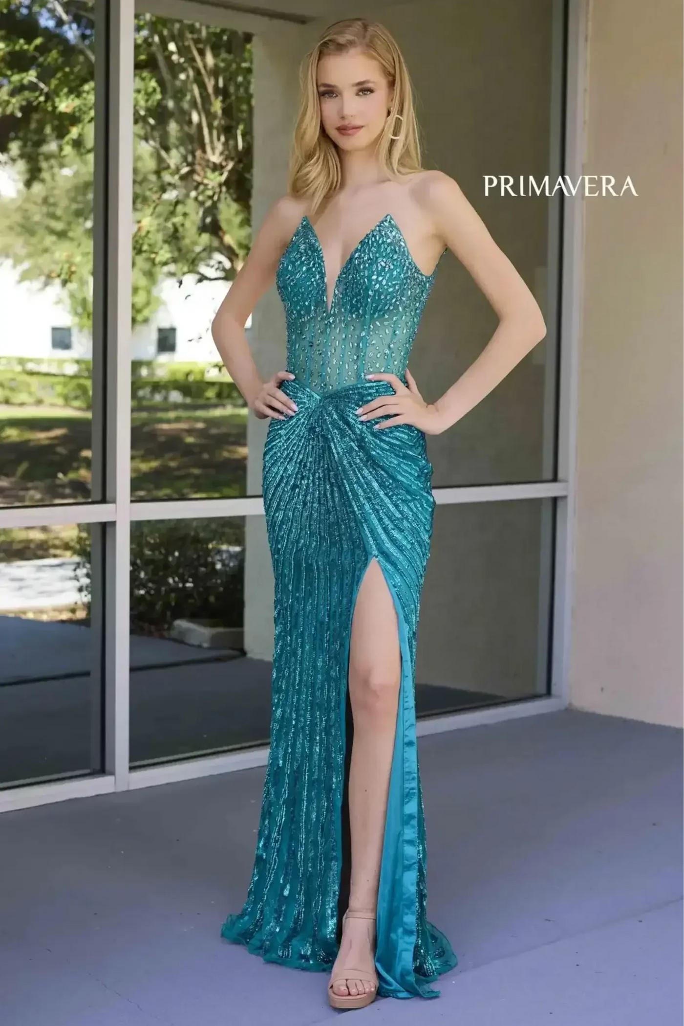 4304 – Primavera - Strapless Beaded Gown with Slit & Lace-Up Back