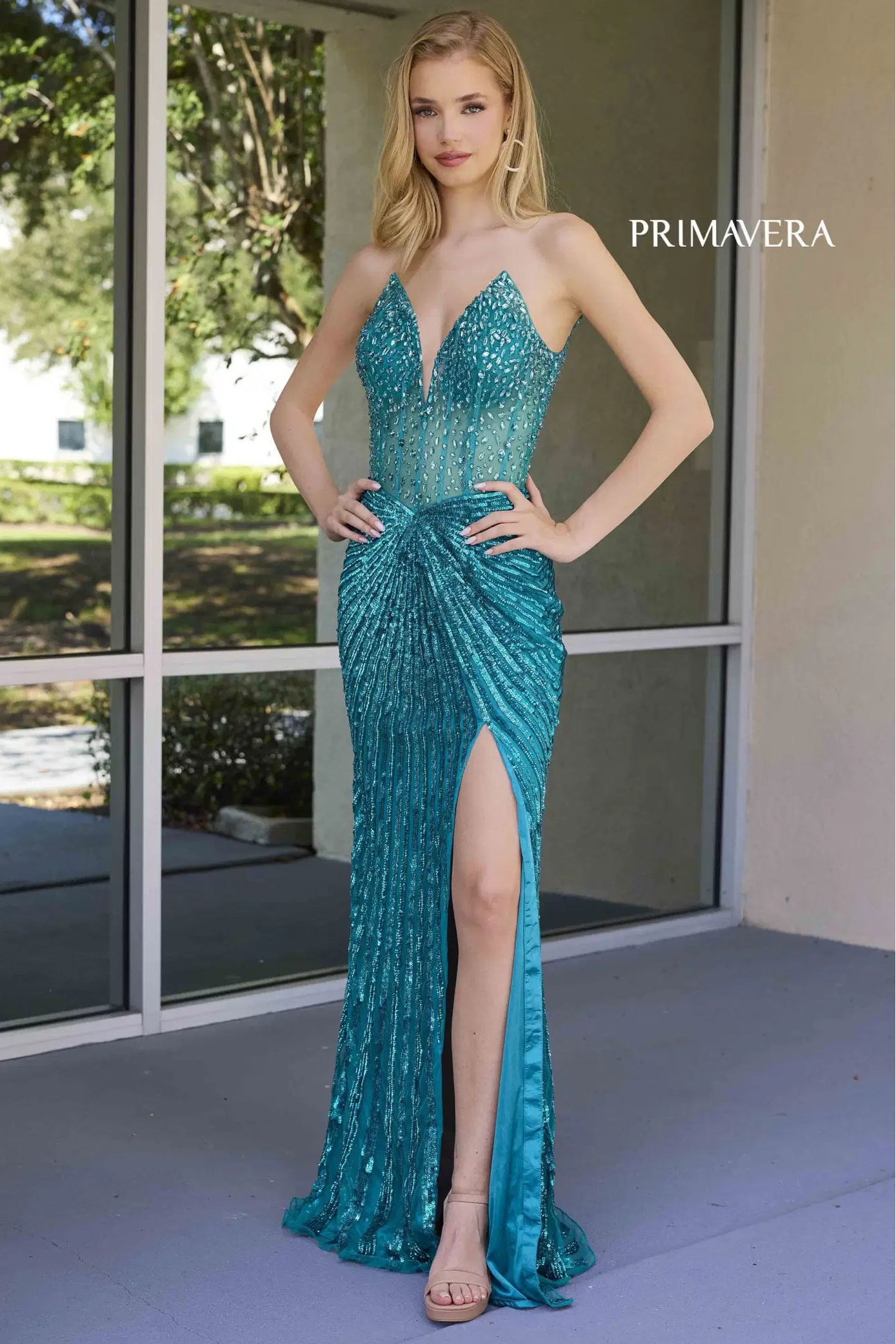 4304 – Primavera - Strapless Beaded Gown with Slit & Lace-Up Back