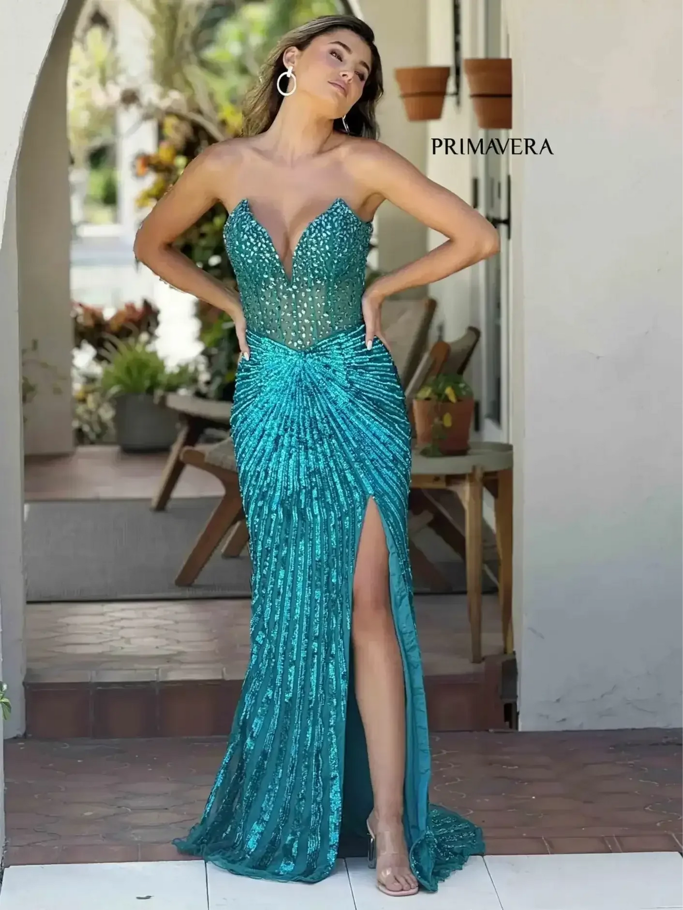 4304 – Primavera - Strapless Beaded Gown with Slit & Lace-Up Back