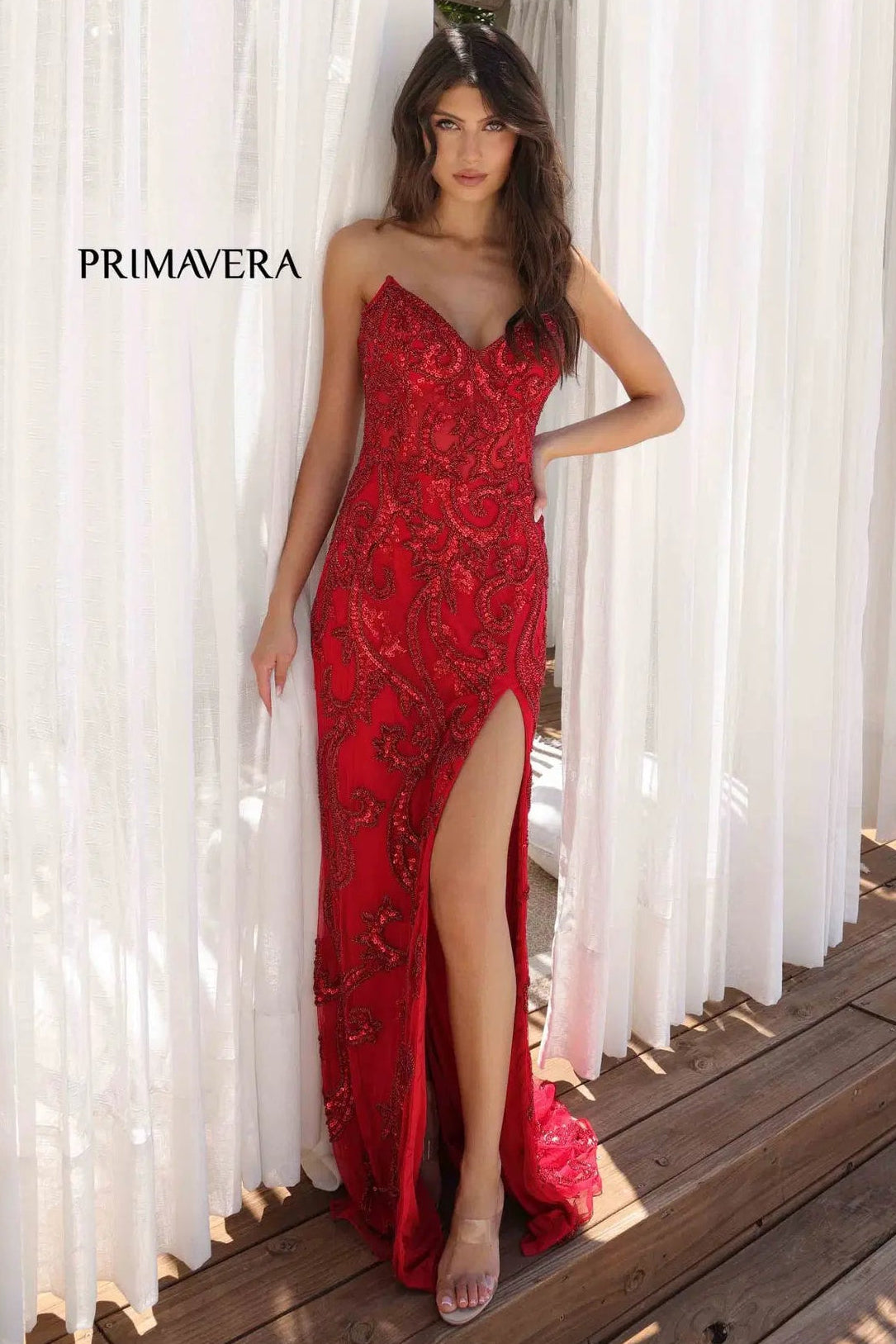 4356 - Primavera - Strapless Beaded Dress with Corset Back