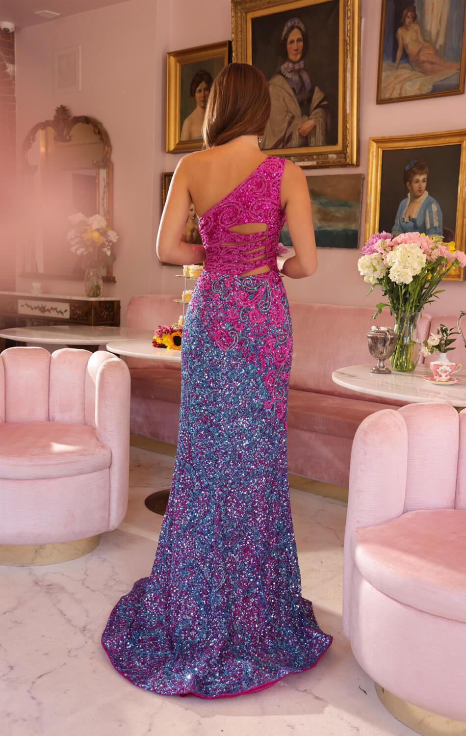 47039 - Ava Presley - One Shoulder Beaded Dress with Cut-outs