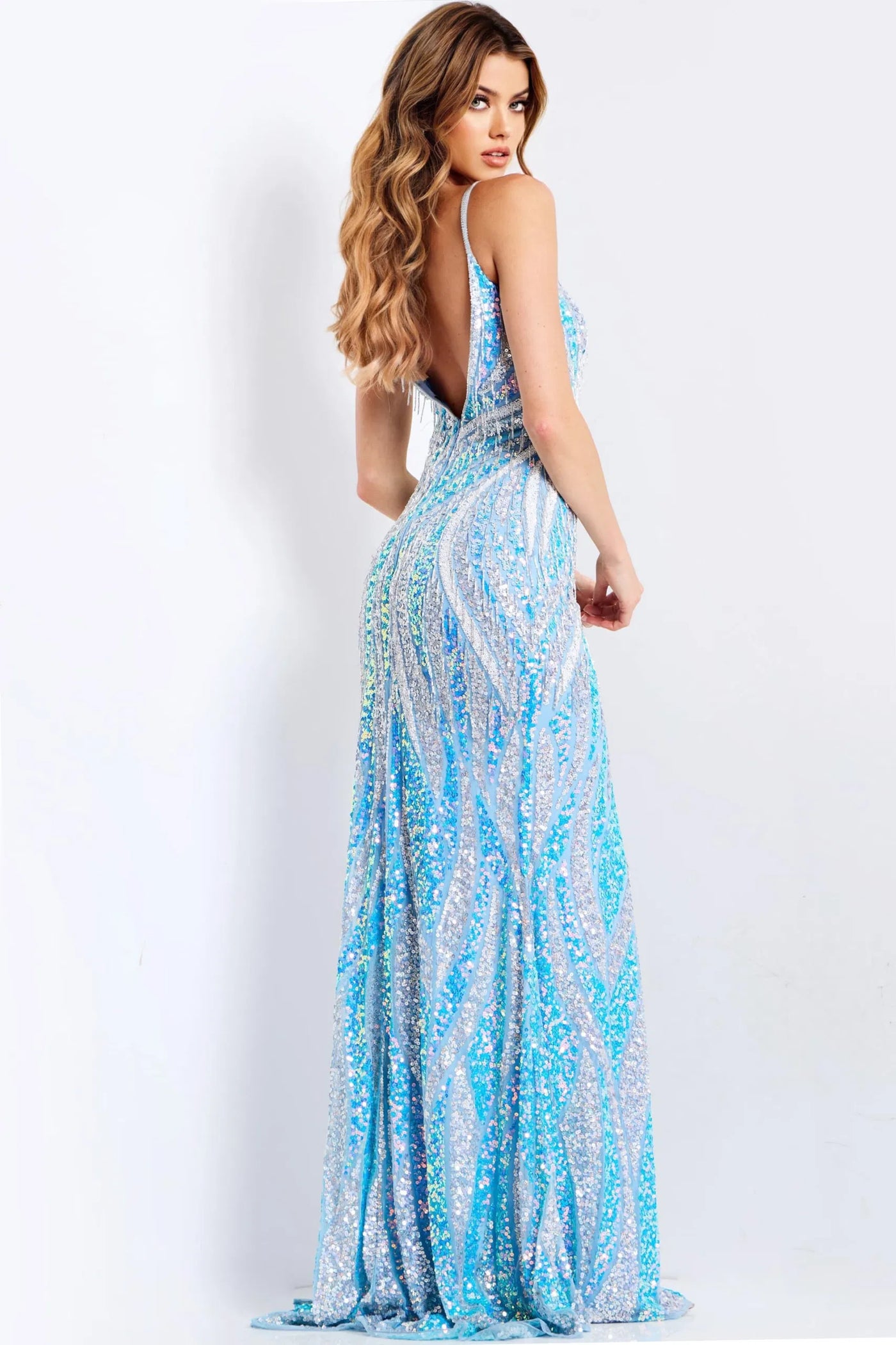47710 - Jovani - Sequin Gown with Fringe Detail in Light Blue