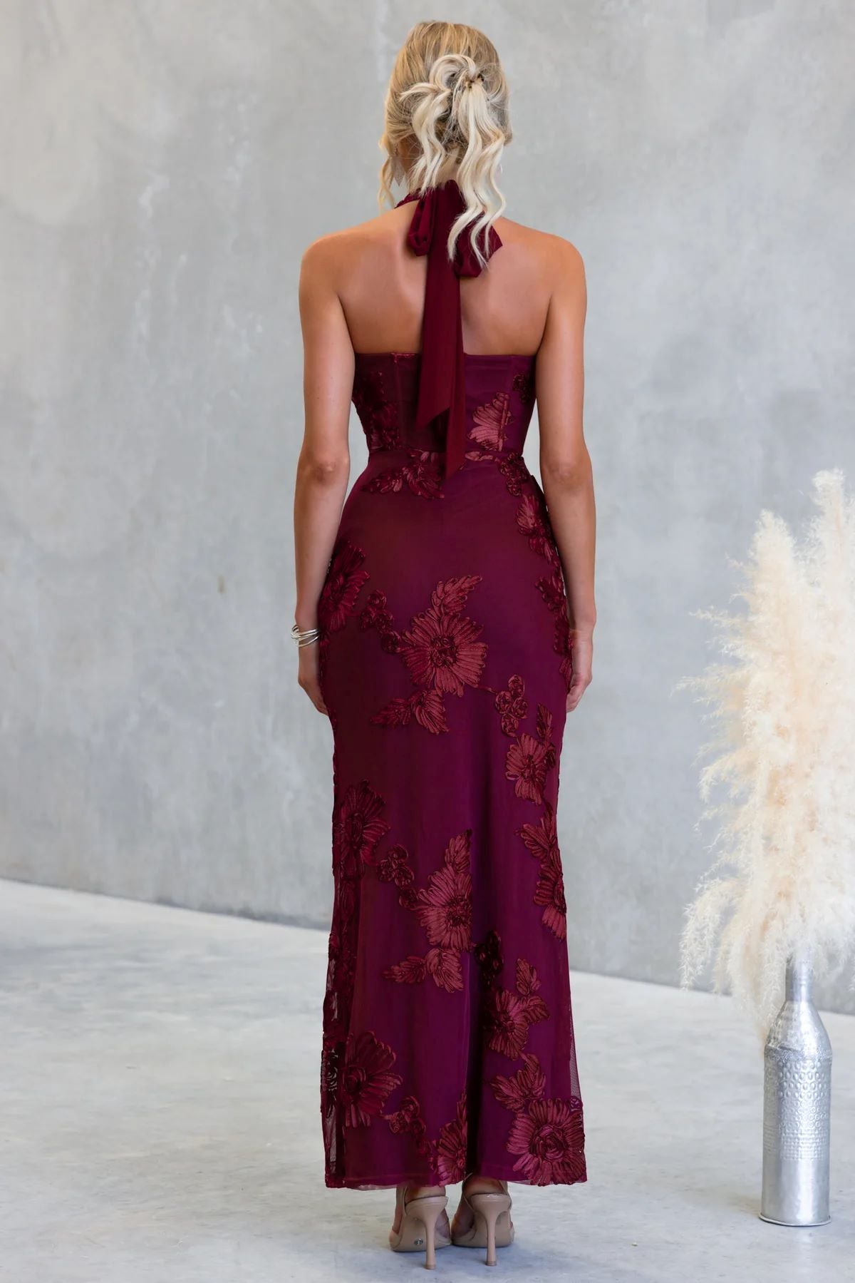 Rochelle Maxi Dress - Wine - Floral Appliqué Dress