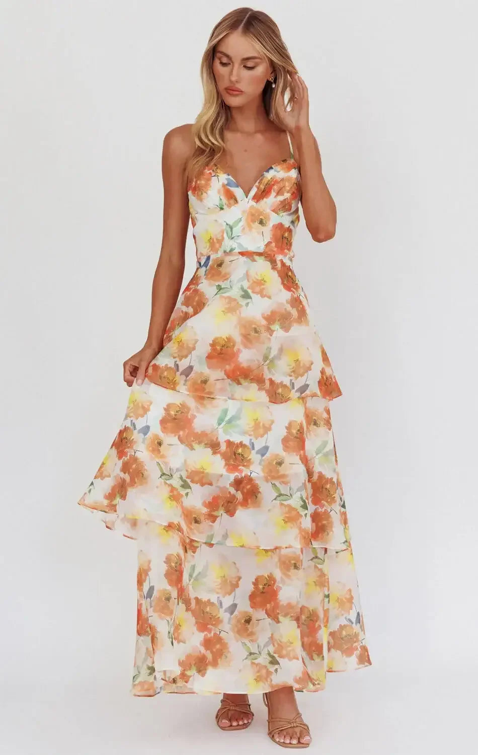 Makenna Maxi Dress - Orange - Floral Organza Tiered Dress