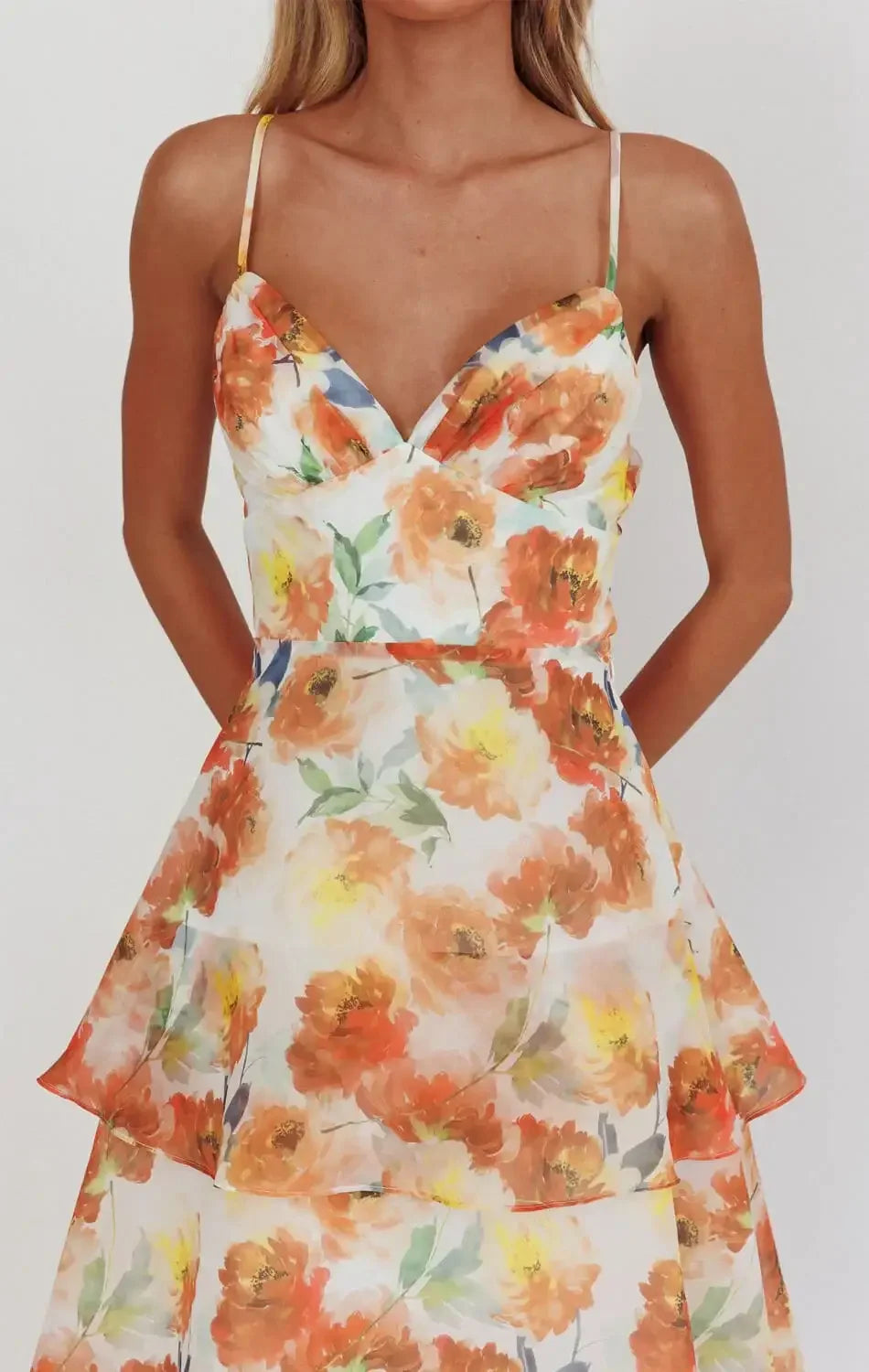 Makenna Maxi Dress - Orange - Floral Organza Tiered Dress